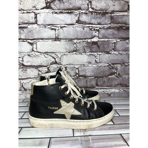 Tiurai Logo Black Leather High Top Lace Up Sneakers Shoes Women’s Sz 36EU/6M US